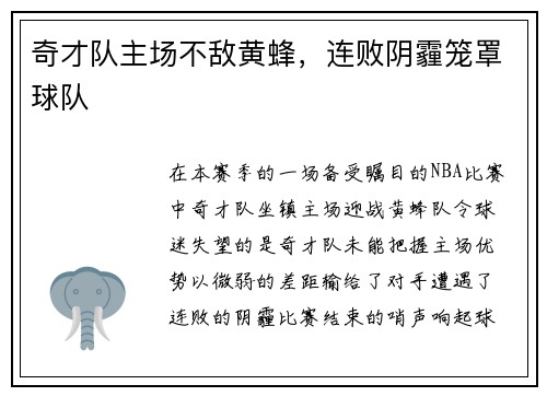 奇才队主场不敌黄蜂，连败阴霾笼罩球队